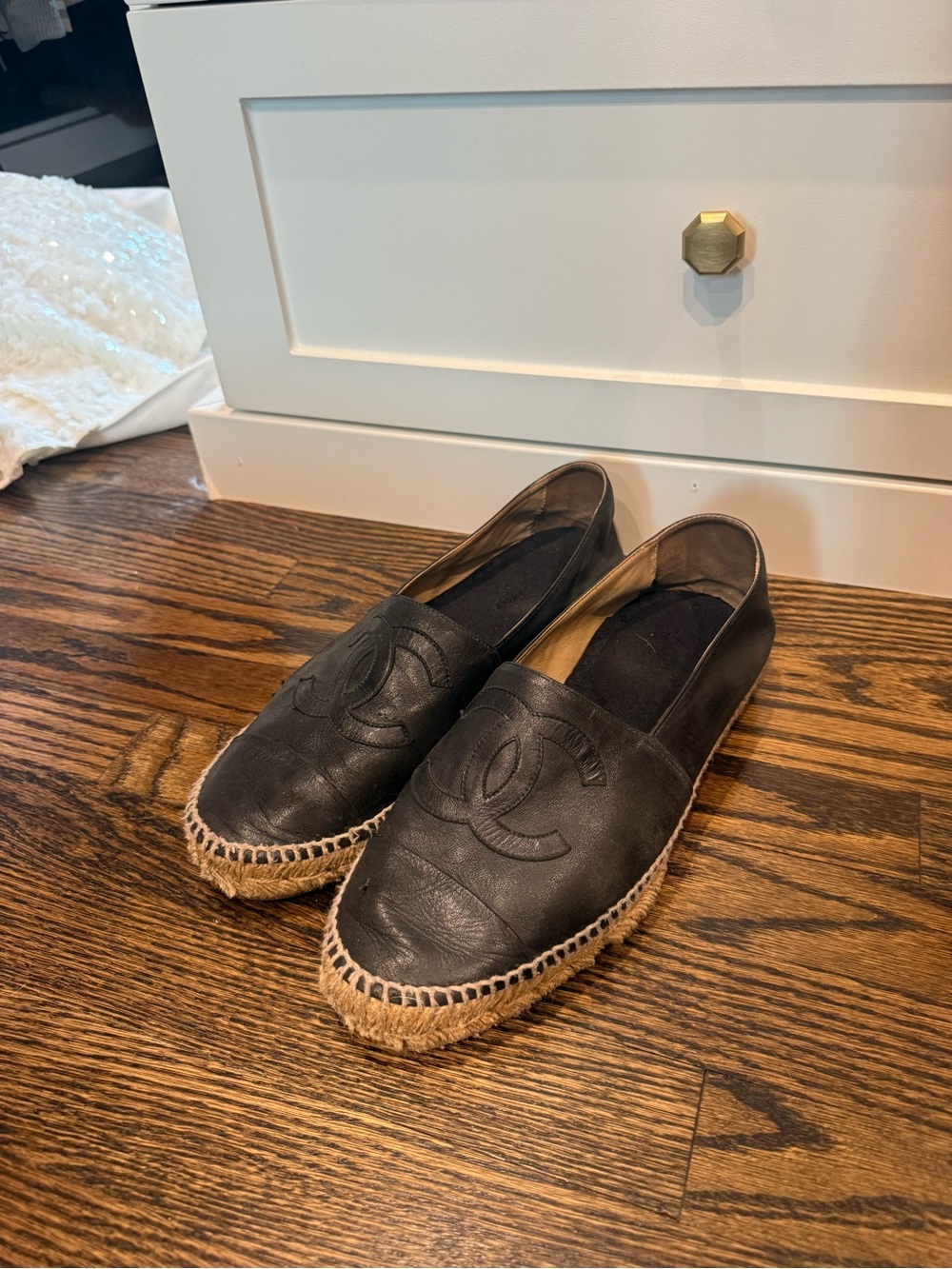 CHANEL Black Leather Espadrilles with Interlocking CC